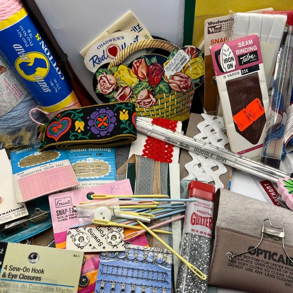 Junk Drawer Craft Supply Lot 2 lbs 50 Items VTG Sewing Needlework Fiber Arts